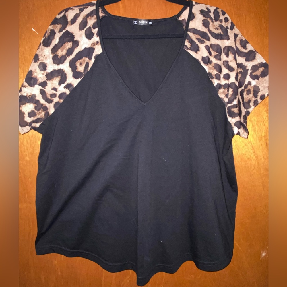 SHEIN 0XL Size Short Sleeved Blouse, Black Body with Sheer Cheetah Print Sleeves